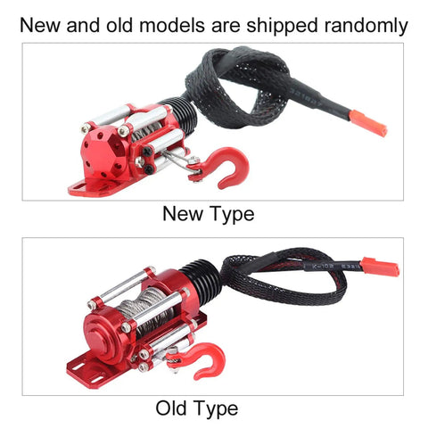 Rock Hard Red 1:10 Rc Crawler Winch Metal Cable Puller with Heavy Duty CNC Precision Design top view of new and old types