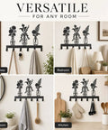 Knockout Premium Decorative Floral Metal Wall Coat Rack Featuring Six Heavy Duty Hooks And Matte Black Finish, displayed in entryway, bedroom, bathroom, and kitchen.