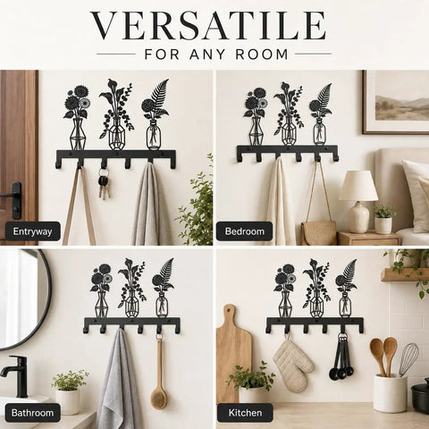Knockout Premium Decorative Floral Metal Wall Coat Rack Featuring Six Heavy Duty Hooks And Matte Black Finish, displayed in entryway, bedroom, bathroom, and kitchen.