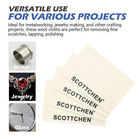 4 Pack Pro Grade Wool Polishing Cloths For Buffing And Lapping 6 Inch By 4 Inch By 1.55mm shown with uses for metal, jewelry, glass