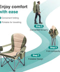 Person carrying Foldable Camping Chair With Cup Holder, Non Slip Feet, Rock Solid, Heavy Duty Portable Collapsible Lawn Chair For Hiking, Beach And Sports, Thick 300D Oxford, 500 Lb Capacity, Green on their back, showing folding process.