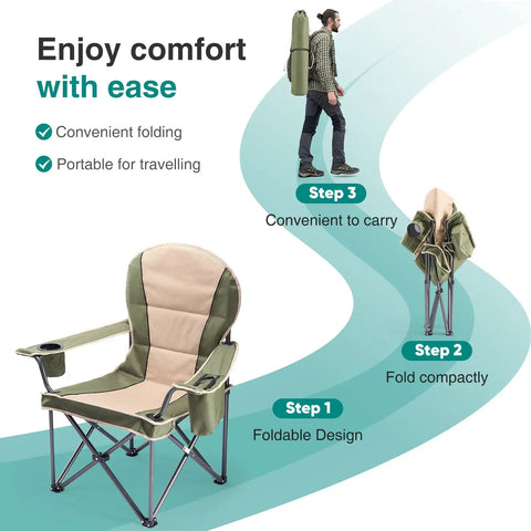 Person carrying Foldable Camping Chair With Cup Holder, Non Slip Feet, Rock Solid, Heavy Duty Portable Collapsible Lawn Chair For Hiking, Beach And Sports, Thick 300D Oxford, 500 Lb Capacity, Green on their back, showing folding process.