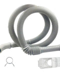 Washer drain hose: gray corrugated hose with end connector, includes metal hose clamp and plastic mounting clip.