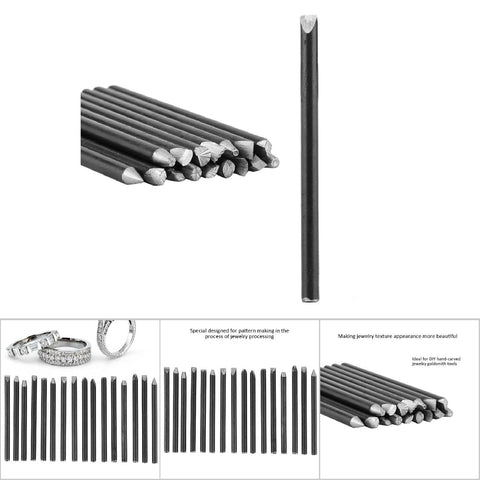 DIY Jewelry Making Anvil Chisel Set High Hardness Steel Punches Kit arranged for detailed view and jewelry stamping example.