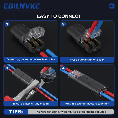 Step-by-step guide on using Heavy Duty Double Wire Plug Connectors 20 Pack With Secure Snap Locking Buckles 18 To 16 Awg for wiring.