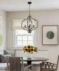 Atwood 23 Inch Four Light Farmhouse Pendant Light Chandelier With Open Design in Gray Oak and Sandblasted Black Finish in dining area