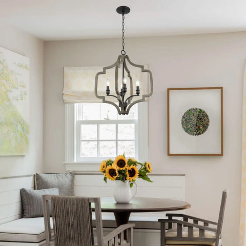 Atwood 23 Inch Four Light Farmhouse Pendant Light Chandelier With Open Design in Gray Oak and Sandblasted Black Finish in dining area