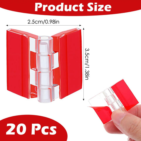 20 Pcs Self-Adhesive Clear Acrylic Hinges 35x25mm showing size dimensions and red adhesive backing