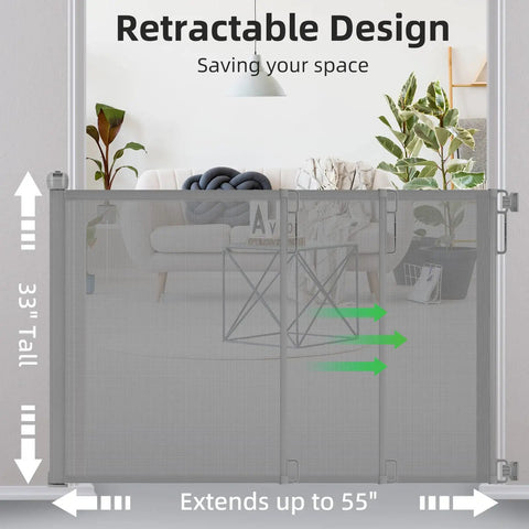 Retractable Baby Gate 33 Inch Tall Extends To 55 Inch Wide Mesh Safety Gate in doorway with retractable design feature.