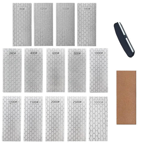 Fourteen Pcs Diamond Sharpening Stone Set With Angle Guide And Leather Strop, Whetstone Honeycomb Plate With Non Slip Base