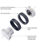 Exploded view of 58mm Espresso Tamper And Leveler With Height Indicator, Adjustable Depth Distributor, showing components.