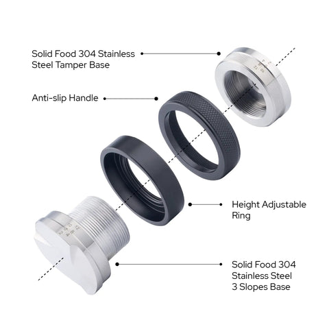 Exploded view of 58mm Espresso Tamper And Leveler With Height Indicator, Adjustable Depth Distributor, showing components.