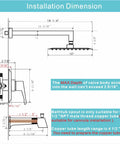 Installation dimensions for Dope Black Shower Faucet Set With Tub Spout And High Pressure Balance Valve Ultra Thin 10 Inch Stainless Steel 304 Shower Head PEX Adapters Included Complete Bathroom Upgrade Kit.