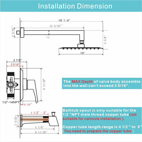 Installation dimensions for Dope Black Shower Faucet Set With Tub Spout And High Pressure Balance Valve Ultra Thin 10 Inch Stainless Steel 304 Shower Head PEX Adapters Included Complete Bathroom Upgrade Kit.