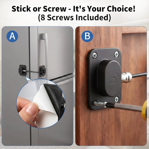Two Pack Magnetic Cabinet Lock With Panda Key for Childproof Fridge And Cabinets, easy no drill installation option shown