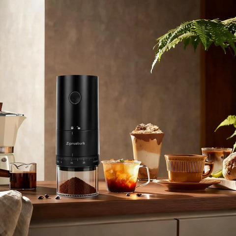 Lightning Fast Portable Electric Coffee Grinder With Smooth Ceramic Burr And 38 Adjustable Grind Settings on countertop, with ground coffee.