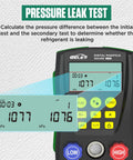 Front view of BELEY digital manifold HVAC gauge with dual pressure/temperature readouts and green rim