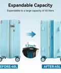 20 Inch Carry On Luggage With Spinner Wheels USB Port Expandable Hard Shell Suitcase Lightweight Travel Gear Airline Approved Mint Blue For Men And Women showing expansion from 40L to 45L