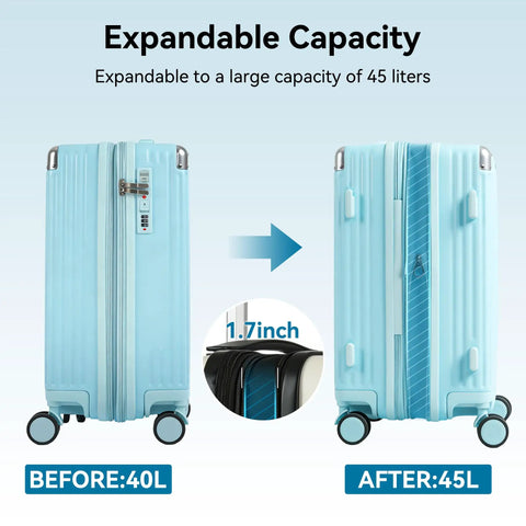 20 Inch Carry On Luggage With Spinner Wheels USB Port Expandable Hard Shell Suitcase Lightweight Travel Gear Airline Approved Mint Blue For Men And Women showing expansion from 40L to 45L