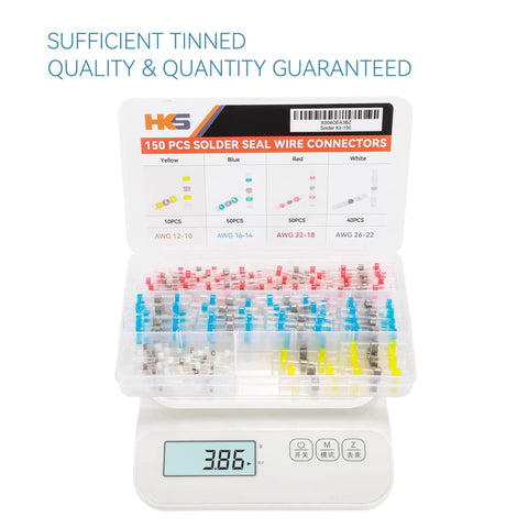 150 Piece No Fuss Solder Seal Wire Connector Kit With Waterproof Heat Shrink Butt Terminals in open box on scale