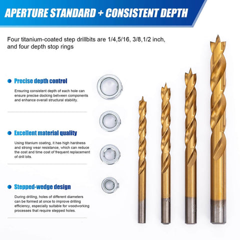 Four titanium step drill bits with four depth stop rings from Adjustable Dowel Jig Kit And Biscuit Jointer Set shown on white background.