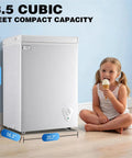 Compact Deep Chest Freezer Featuring 3.5 Cu Ft Capacity And Durable Storage Baskets White cold storage appliance next to girl eating ice cream.
