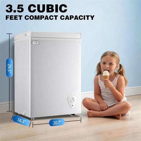 Compact Deep Chest Freezer Featuring 3.5 Cu Ft Capacity And Durable Storage Baskets White cold storage appliance next to girl eating ice cream.