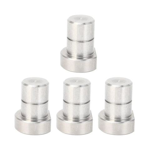 Four Piece Three Quarter Inch Stainless Steel Bench Dogs For Woodworking, showing non-slip flat sided stops and anti-scratch pads.