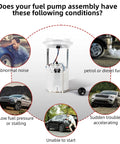 Infographic showing Electric Fuel Pump Module Assembly Replacement For Chrysler 300 Challenger Charger And Magnum V6 And V8 Engines 2005 2017 In Tank Pump With Filter And Seal Kit with common vehicle symptoms.