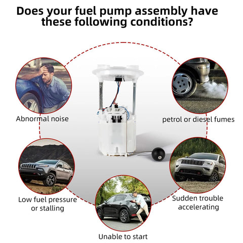 Infographic showing Electric Fuel Pump Module Assembly Replacement For Chrysler 300 Challenger Charger And Magnum V6 And V8 Engines 2005 2017 In Tank Pump With Filter And Seal Kit with common vehicle symptoms.
