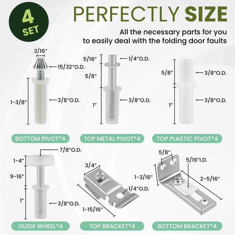 Bi Fold Door Hardware Repair Kit For Sliding Closet Doors Replacement Set With Top And Bottom Brackets shown with components and sizes