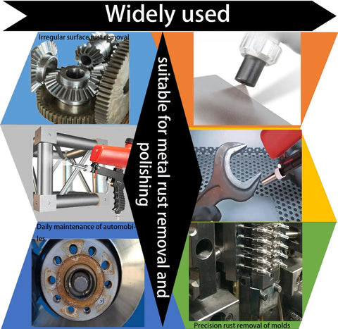 Image collage showing various metal surfaces prepared with Six Pounds Of 100 Grit Aluminum Oxide Sand Blasting Abrasive Media For Cabinets And Guns.