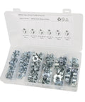 80Pcs T Nuts Set In Carbon Steel Galvanized Finish, organized in a transparent case showing pronged tee nuts for various uses.