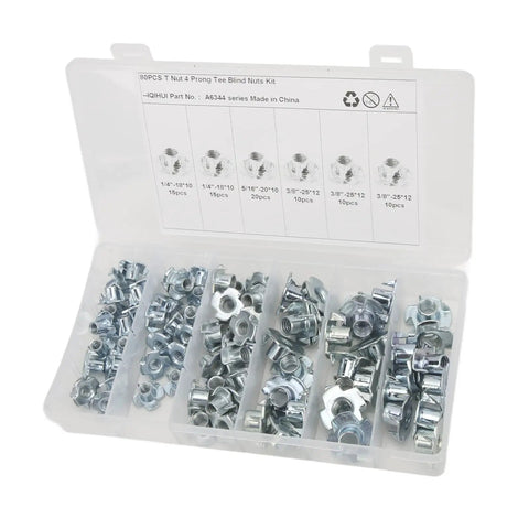 80Pcs T Nuts Set In Carbon Steel Galvanized Finish, organized in a transparent case showing pronged tee nuts for various uses.