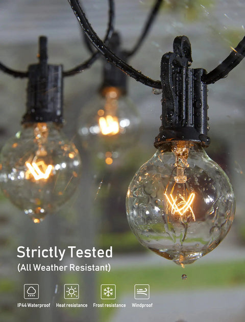 Close-up of 55Ft G40 Globe String Lights With 52 Edison Glass Bulbs And 2 Spare, Waterproof Connectable Patio Lights, E12 Socket, Black