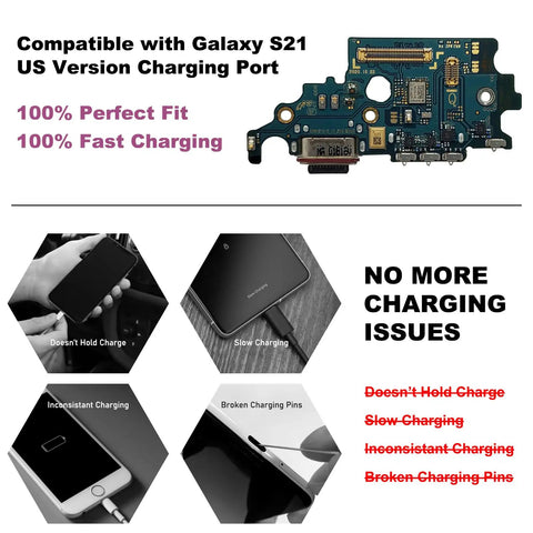 Straight Fire Charging Port Dock Board Replacement Kit For Samsung Galaxy S21 US Models SM-G991U U1 W showing charging port compatibility.