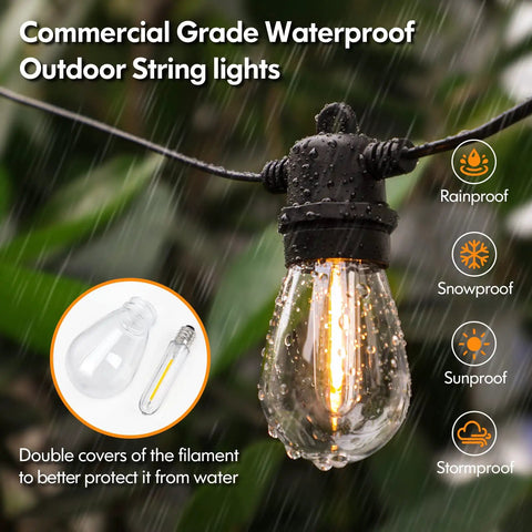 2-Pack 96Ft Outdoor String Lights for Patio with Waterproof Dimmable 2700K LED Filament Bulbs, rainproof design close-up view.