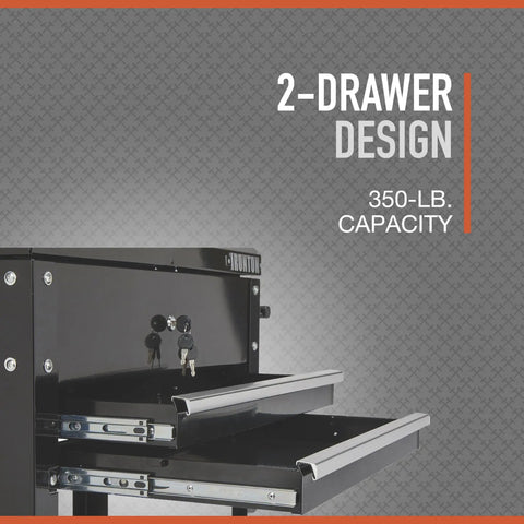 Close-up of a 28 Inch Two Drawer Tool Cart With Locking Top And Smooth Rolling Ball Bearing Slides, 350 Pound Capacity, black steel with keys.