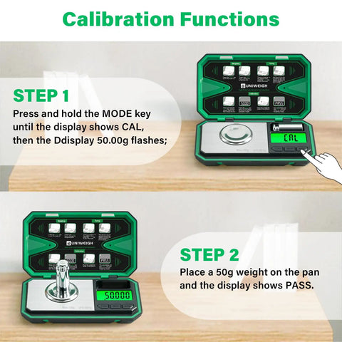 Ultra Precise Milligram Scale 0.001g with 50g Capacity calibration instructions on display with weight placed on scale.