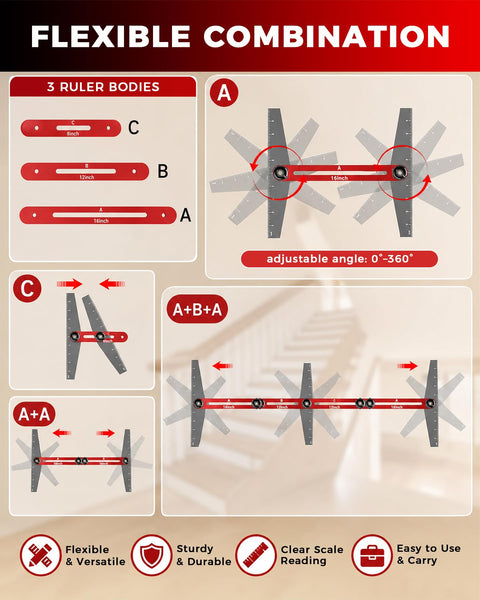 Adjustable Stair Tread Template Tool Featuring Interchangeable Aluminum Slider Bars For Dead On Layouts And Hassle Free DIY Measurements That Nail The Fit Every Single Time, showing flexible combination with three rulers and adjustable angles.