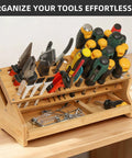 Eco Friendly Bamboo Screwdriver Organizer And Tool Storage Rack For Workbench And Desktop displaying tools neatly