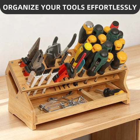 Eco Friendly Bamboo Screwdriver Organizer And Tool Storage Rack For Workbench And Desktop displaying tools neatly