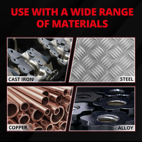 Annular cutter set for magnetic drill press; collage showing cast iron, steel, copper, and alloy materials