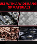 Real Deal Pro Grade M2Alloy Hss Annular Cutter Set For Magnetic Drill Press 7/16 Inch Diameter And One Inch Depth Of Cut showing materials like cast iron, steel, copper, and alloy.