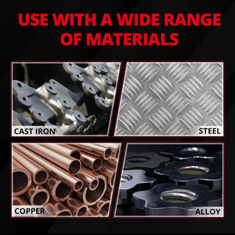 Real Deal Pro Grade M2Alloy Hss Annular Cutter Set For Magnetic Drill Press 7/16 Inch Diameter And One Inch Depth Of Cut showing materials like cast iron, steel, copper, and alloy.