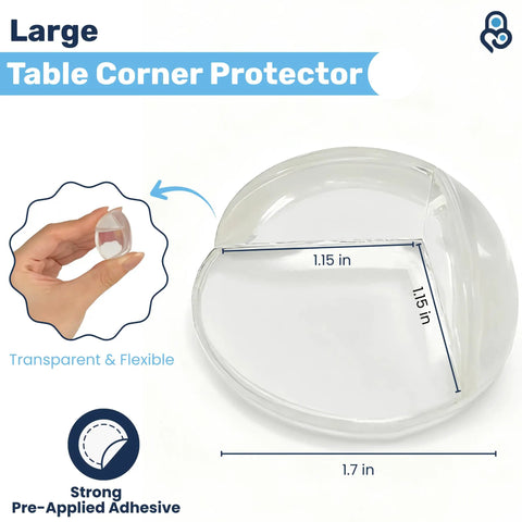 Large Table Corner Protector made of transparent flexible material, measuring 1.15 in by 1.7 in for baby safety.