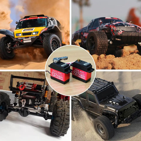 Heavy Duty 25Kg Digital Servo Motor With High Torque PWM, shown alongside RC cars, illustrating versatile use in robotics and vehicles.