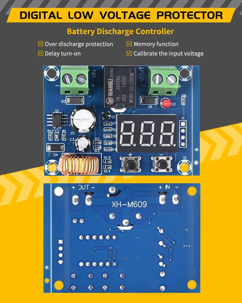 Rock Solid 12 To 36 Volt Dc Voltage Protection Module With Digital Low Voltage Disconnect Switch And Badass Over Discharge Cutoff For Every Rig Run, top and bottom views of the battery discharge controller.