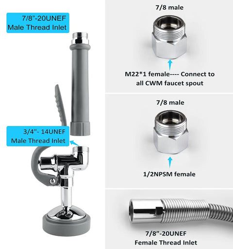 Commercial Sink Sprayer With 45 Inch Flexible Stainless Steel Hose And 1.42 GPM Pre Rinse Valve showing thread inlets