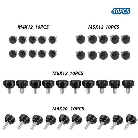 Knurled Threaded Thumb Screws Set M4 M5 M6 in 12 and 20mm Lengths Zinc Plated Silver and Black Finish 40-piece assortment